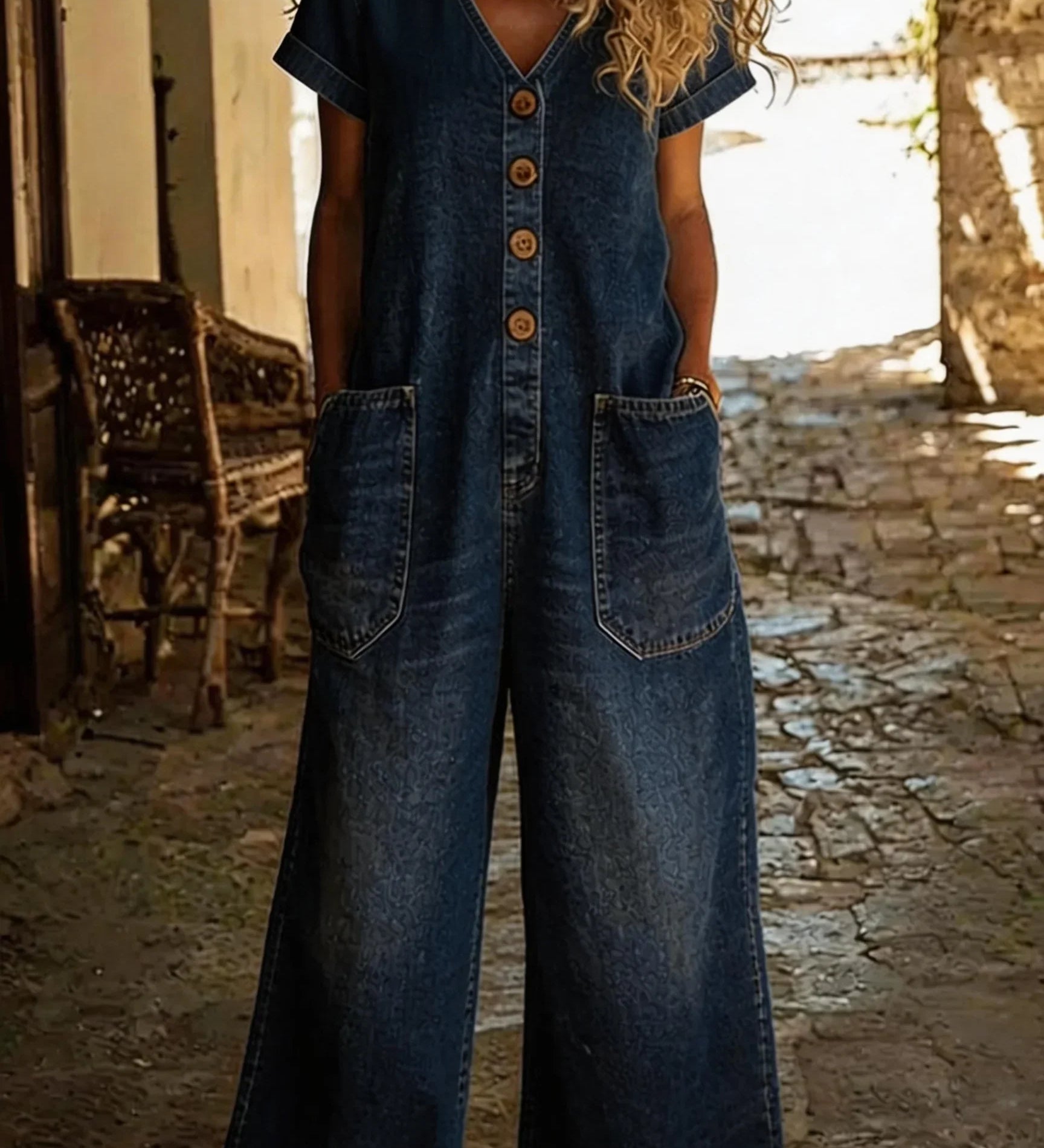 Denise | Denim Yleisöhaalari V-päällä ja Lyhyillä Hihoilla