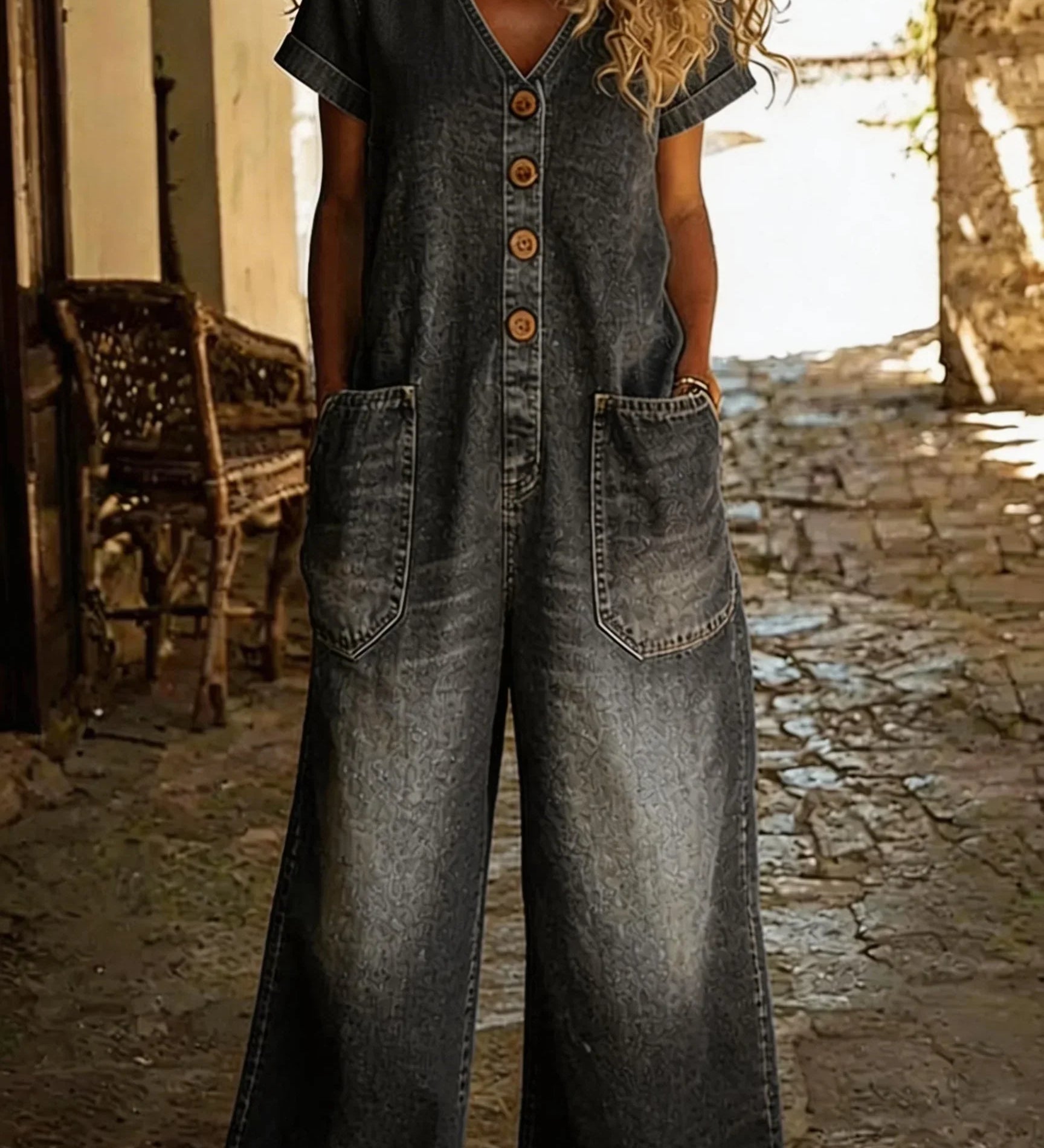 Denise | Denim Yleisöhaalari V-päällä ja Lyhyillä Hihoilla